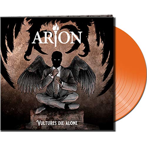 "Orange vinyl record with album cover featuring a man with black wings."