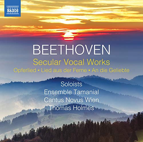 "CD cover featuring a serene mountain landscape at sunrise with Beethoven's vocal works title."