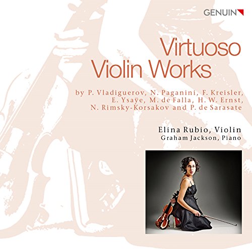 CD cover with violinist Elina Rubio in a black dress holding a violin.