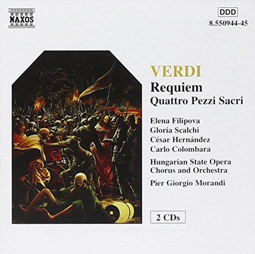 CD cover featuring a medieval battle scene with "VERDI Requiem Quattro Pezzi Sacri" text.