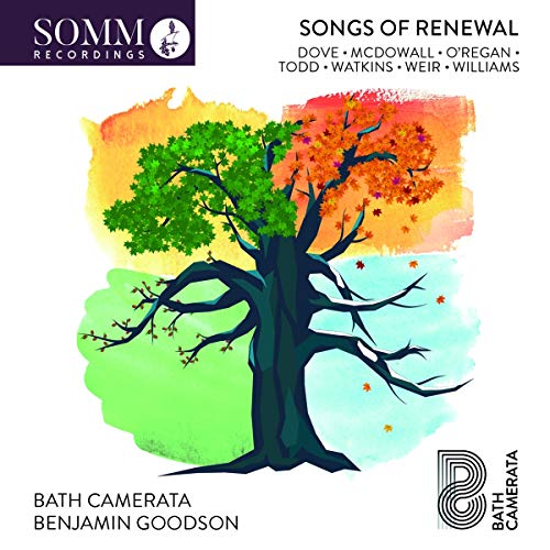 "Album cover featuring a tree with green, orange, and bare branches on a white background."