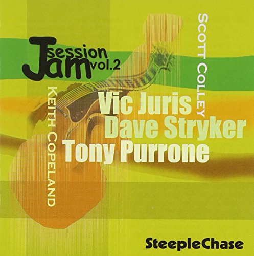 "CD cover with guitar image and musician names on a green and yellow background."