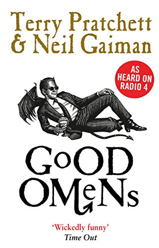 "Book cover of 'Good Omens' featuring a reclining man with bat wings and a tail."