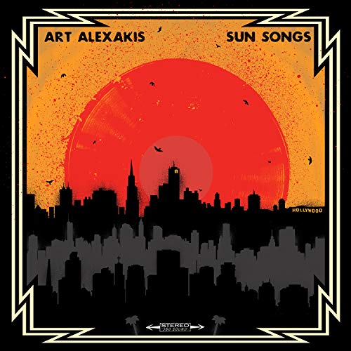 "Vinyl record cover featuring a red sun over a black city skyline silhouette."