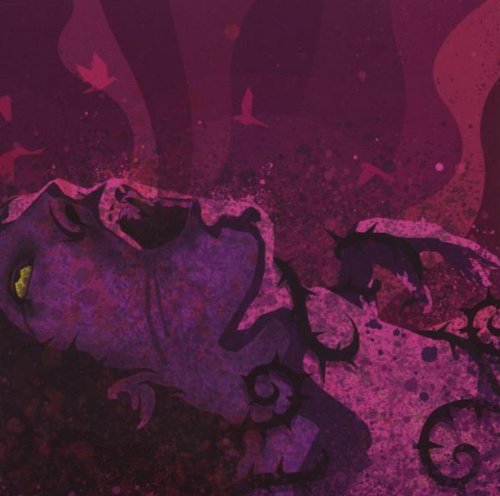 The image shows a purple-toned illustration of a decaying body. Alt text: Purple illustration of a decaying body with birds and swirls.