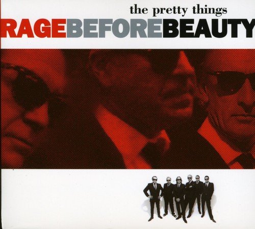 "CD cover with 'Rage Before Beauty' title and band members' images in suits."