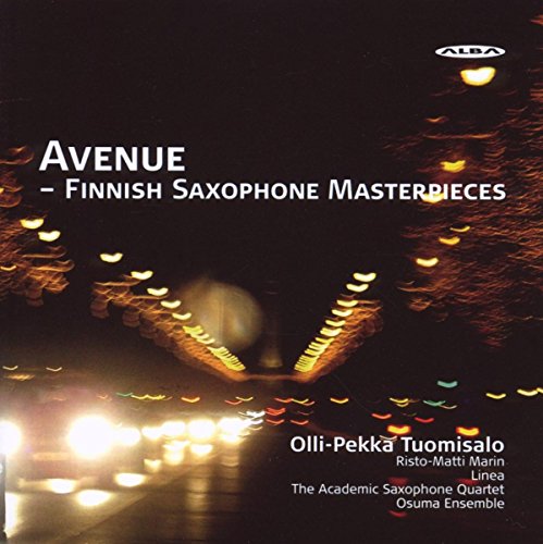 "CD cover with 'Avenue - Finnish Saxophone Masterpieces' text, lit street scene at night."