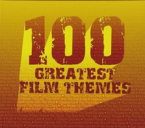 "CD cover with '100 Greatest Film Themes' title on yellow and red gradient background."