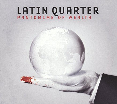 A hand in a suit holds a globe, with a bloody finger, on album cover.
