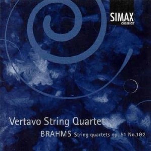 Blue-toned CD cover with white text and spiral design, featuring "Vertavo String Quartet" and "Brahms".