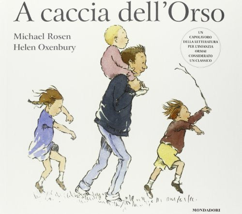 "Illustrated children's book cover showing a man running with three children."