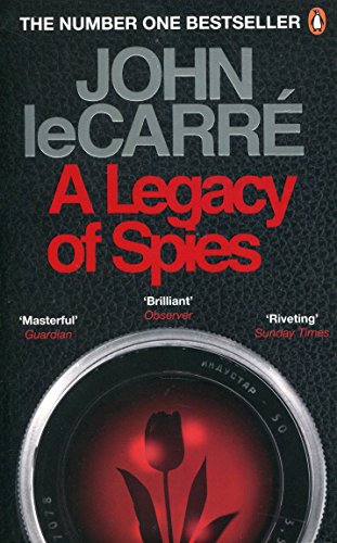 "A Legacy of Spies" book cover with camera lens and red tulip on black background.