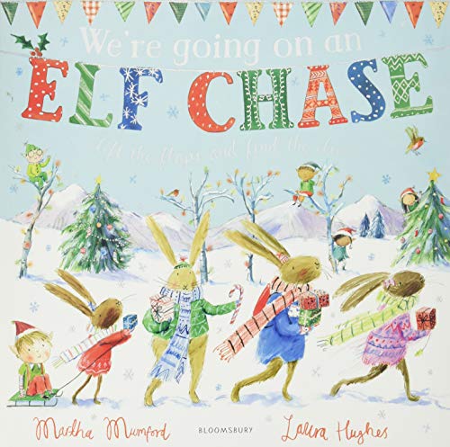 "Children's book cover featuring cartoon bunnies and elves in a snowy scene."