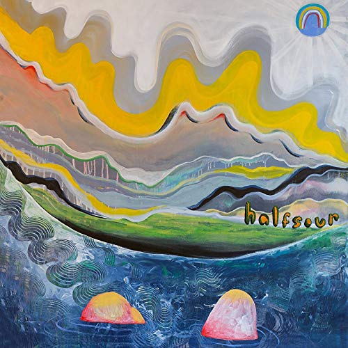 "Album cover art featuring abstract landscape with wavy lines, rainbow logo, and 'halfsour' text."