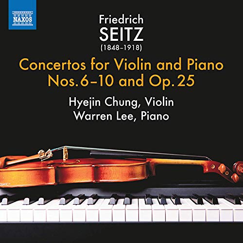 "CD cover with violin on piano keys against a black background."
