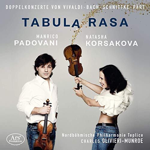 CD cover featuring a man and woman holding violins against a gray gradient background.