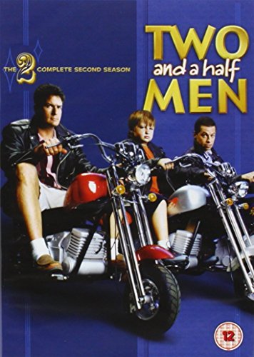 "Two and a Half Men Season 2 DVD cover featuring three men on motorcycles against a blue background."