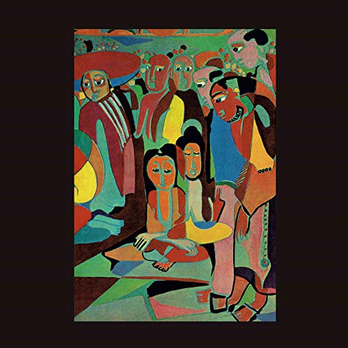 "Album cover featuring a colorful abstract painting of people on a black background."