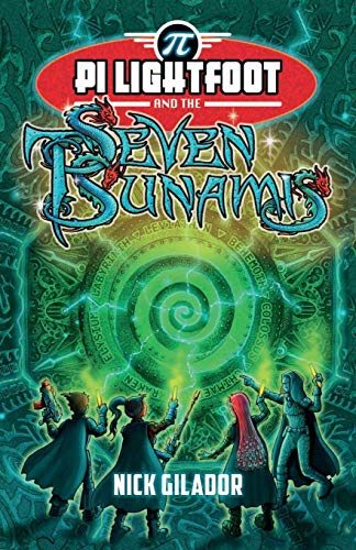 "Book cover featuring 'Pi Lightfoot and the Seven Tsunamis' with fantasy characters and swirling green design."