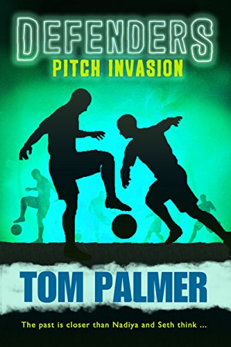 The image depicts a book cover with silhouetted soccer players and a green background.
