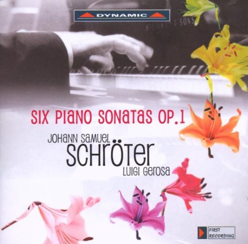 CD cover featuring a person playing piano with colorful lilies and text "Six Piano Sonatas Op.1".