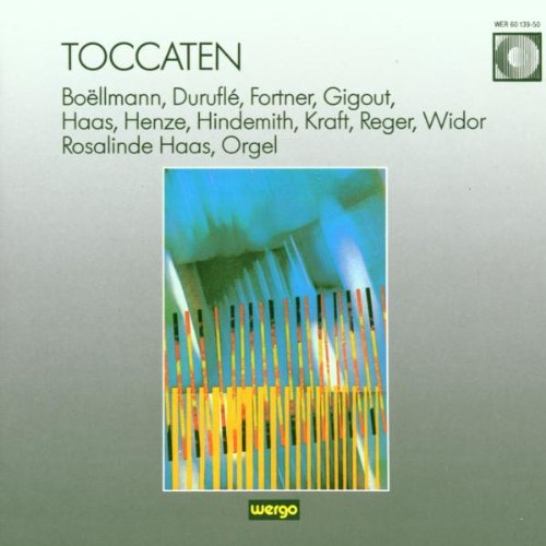 The image depicts a CD cover for "Toccatas for Organ" by Charles-Marie Widor. A suitable alt text could be: "CD cover with abstract organ pipes image and green gradient background."