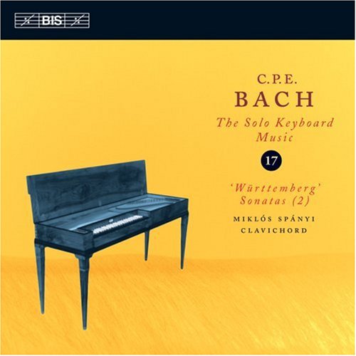 "CD cover with yellow background, black piano, and brown text, featuring C.P.E. Bach's music."