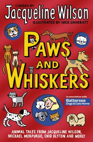 "Paws and Whiskers" book cover featuring cartoon cats and dogs on a red background.