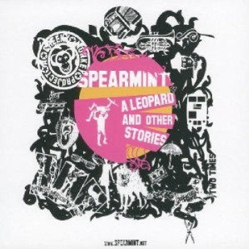 "Album cover with pink and yellow text surrounded by black and white illustrations."