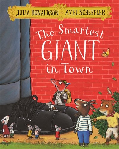 "The Smartest Giant in Town" book cover featuring a giant's foot and small animals.