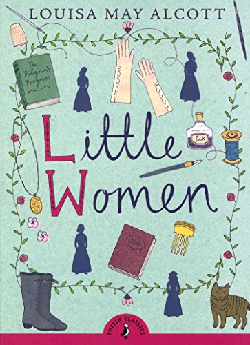 "Book cover of 'Little Women' with illustrations of sewing items and women's silhouettes."
