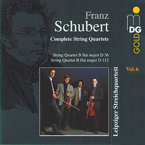 CD cover featuring four musicians with instruments, dark background, and Franz Schubert's image.