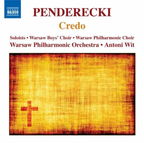 "Album cover featuring a cross on a yellow textured background, Penderecki's 'Credo'."