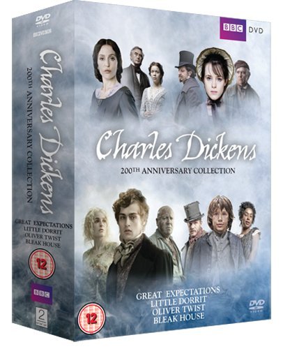"Charles Dickens 200th Anniversary DVD collection box featuring character portraits on a cloudy background."