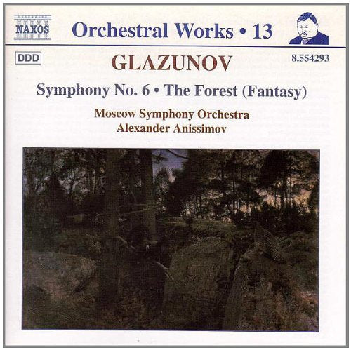 "CD cover with forest landscape painting and text describing Glazunov's orchestral works."