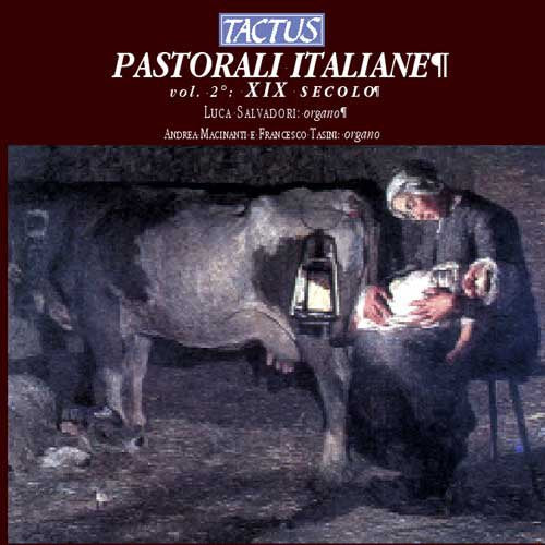 "CD cover with a painting of a man milking a cow by lantern light."
