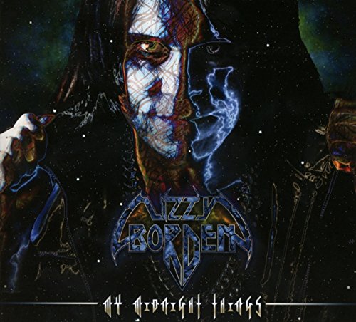 "Lizzy Borden album cover featuring a man with a painted face against a dark background."