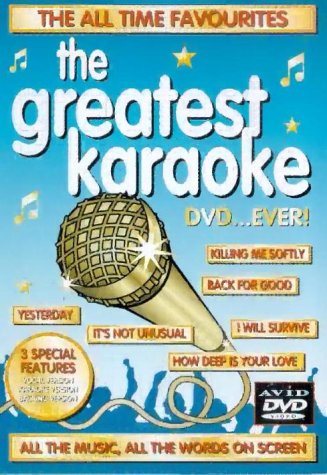 "Karaoke DVD cover featuring a gold microphone and song titles on a blue background."