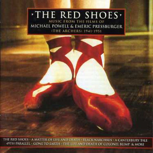 Red ballet shoes on a wooden floor, with text overlay on a black rectangle.