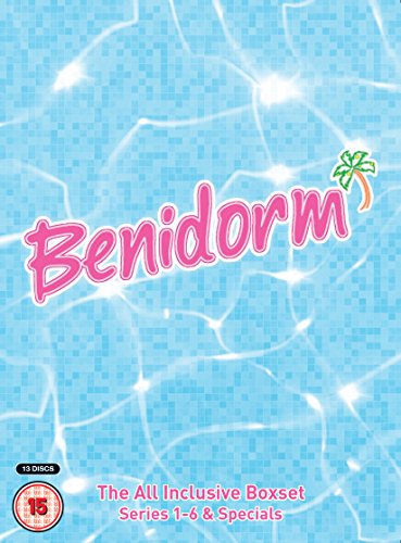 "Benidorm DVD box set cover with pink title, palm tree, and blue water pattern background."