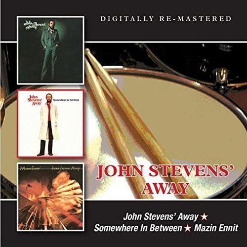 "CD cover with drumsticks and three smaller album covers on a black background."