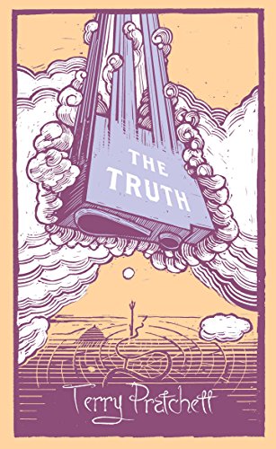 The image shows a book cover with a printing press and clouds, titled "The Truth".