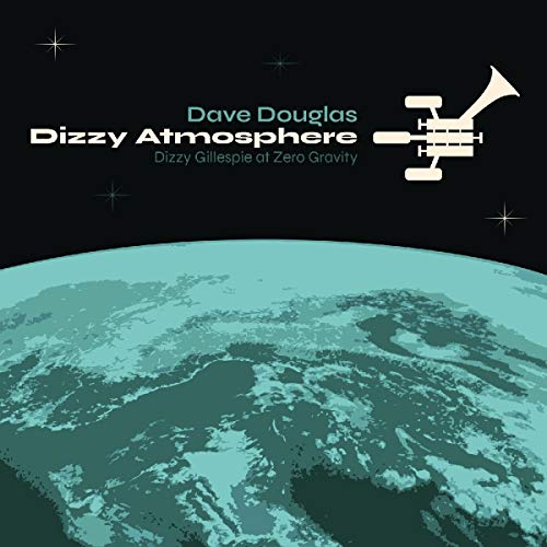 "Album cover with a teal planet, trumpet spaceship, and stars against a black background."