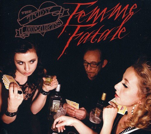 "Album cover with two women and a man, holding cards and drinks."
