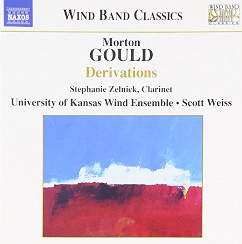"CD cover with abstract red and blue artwork, featuring Morton Gould's 'Derivations'."