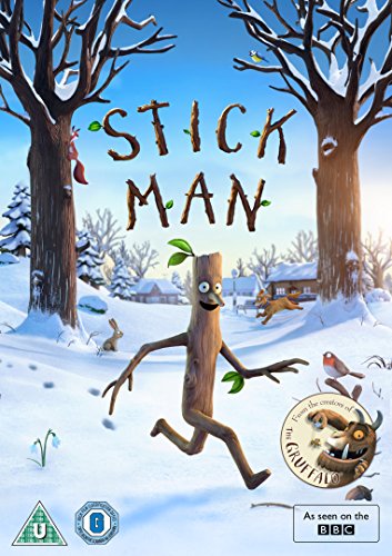 "Stick Man DVD cover featuring a cartoon stick figure running in a snowy landscape."