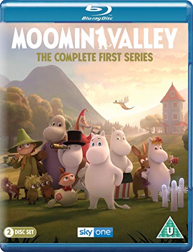 "Blu-ray case featuring cartoon characters from Moominvalley, with a house and mountain background."