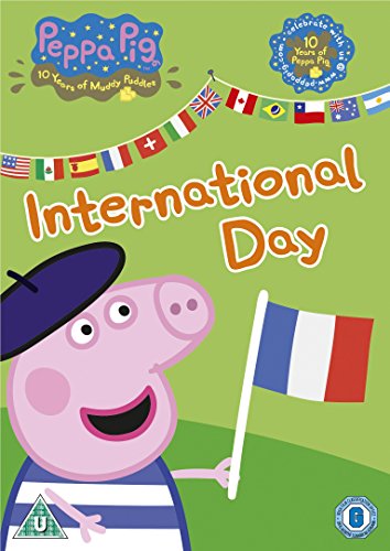 DVD cover featuring Peppa Pig holding a French flag, with international flags and green background.