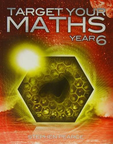 "Maths workbook cover with hexagonal shape and red, yellow, and orange background."