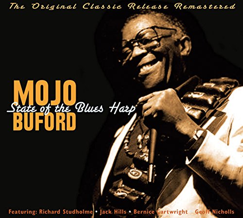 "CD cover with a man playing a harmonica, sepia-toned image, text 'Mojo Buford'."